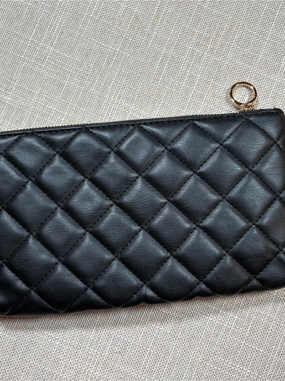 Black Quilted Leather Wristlet Clutch with Gold Ring